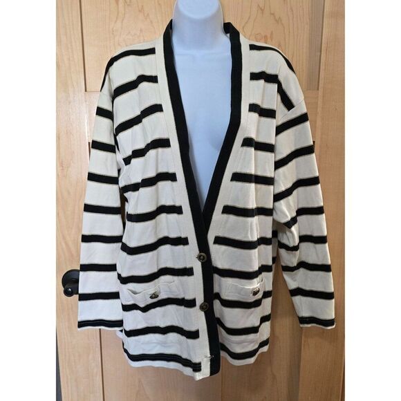 Striped Black & White Cardigan Sweater With Front Pockets Large Georgio Cotton - Picture 1 of 9